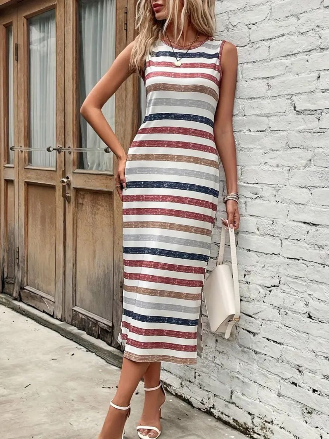 Slit Printed Round Neck Sleeveless Dress   