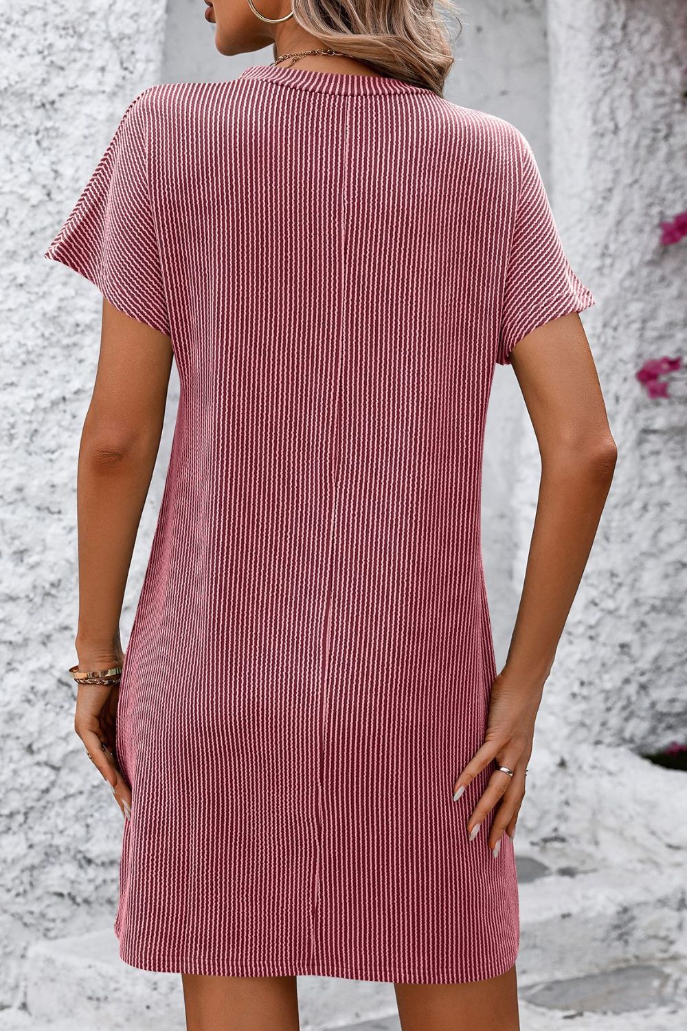 STUNNLY  Ribbed Striped Short Sleeve Mini Tee Dress   