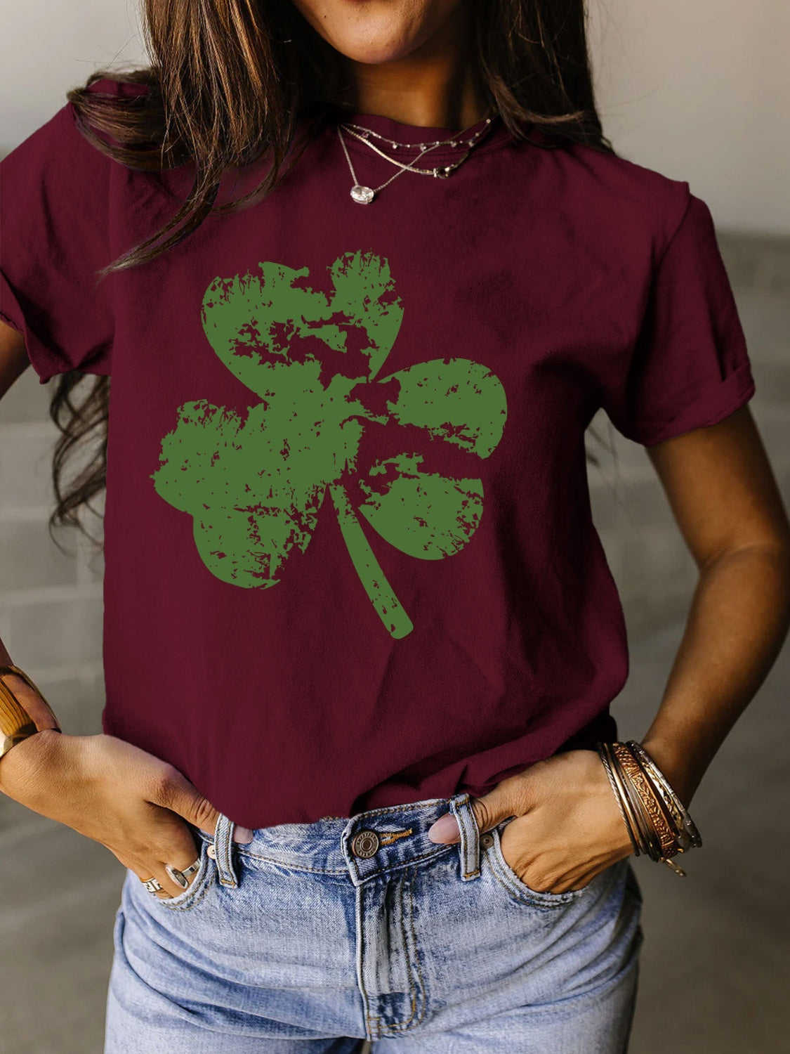 STUNNLY  Full Size Lucky Clover Round Neck Short Sleeve T-Shirt Wine S 