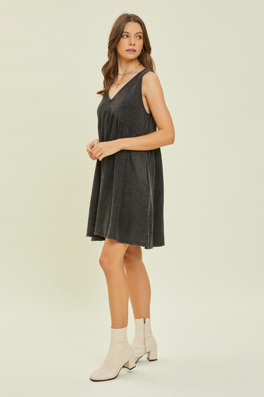 HEYSON Full Size Texture V-Neck Sleeveless Flare Mini Dress   