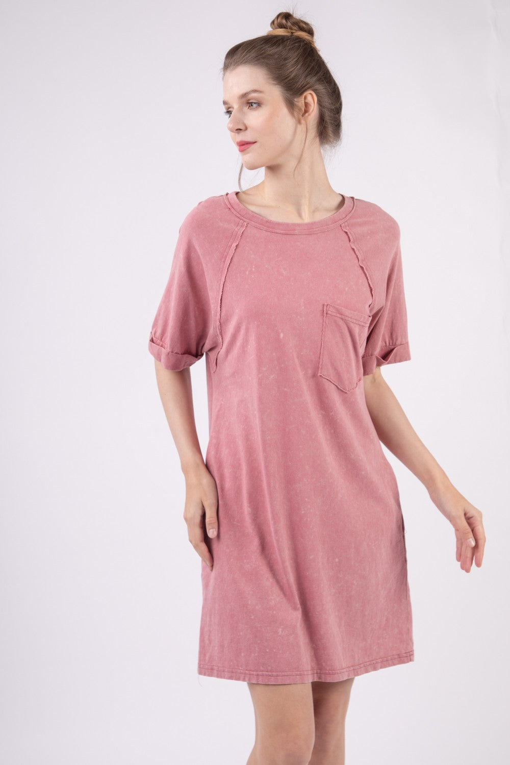 STUNNLY  VERY J Washed Round Neck Mini Tee Dress   