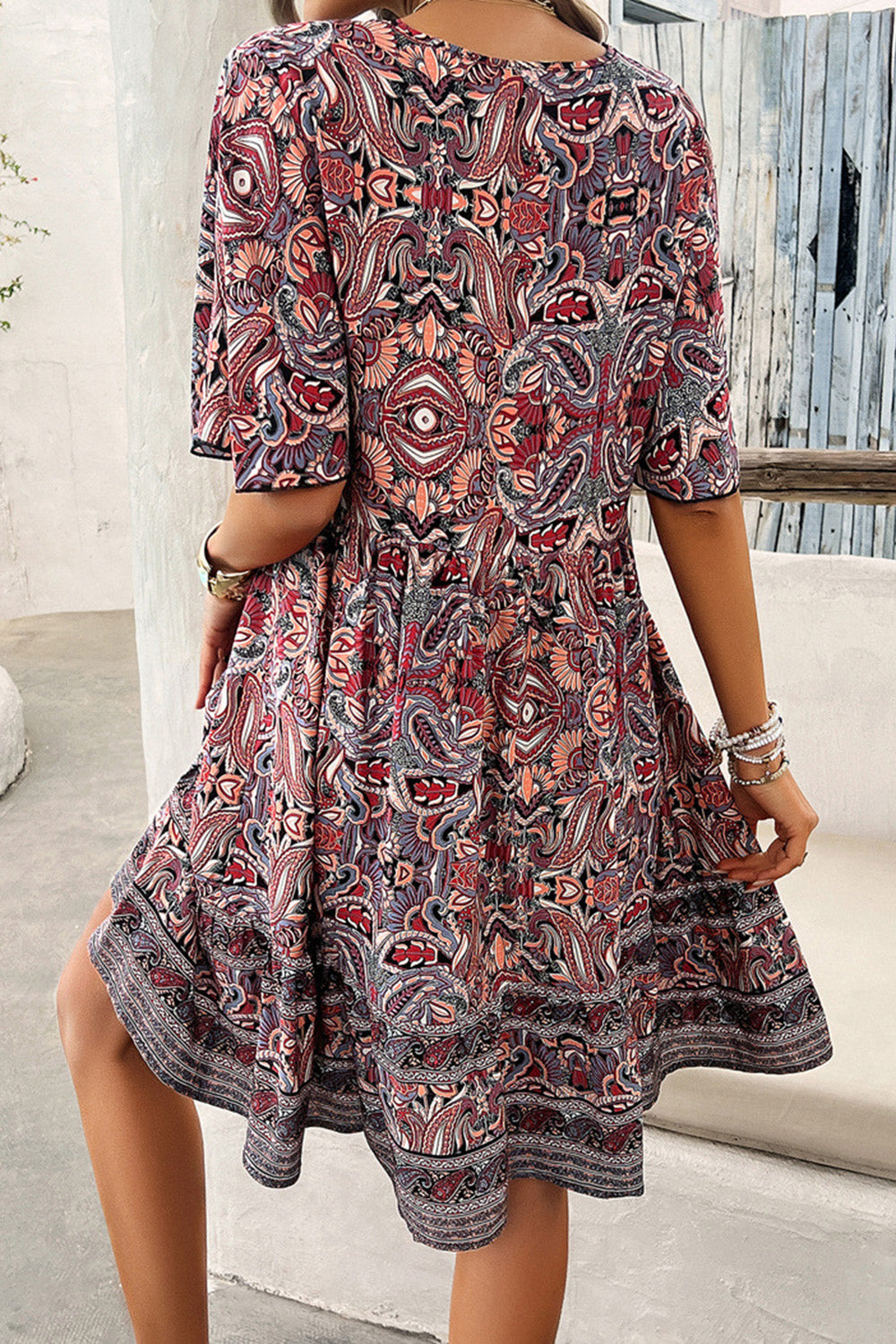 STUNNLY  Printed V-Neck Half Sleeve Mini Dress   