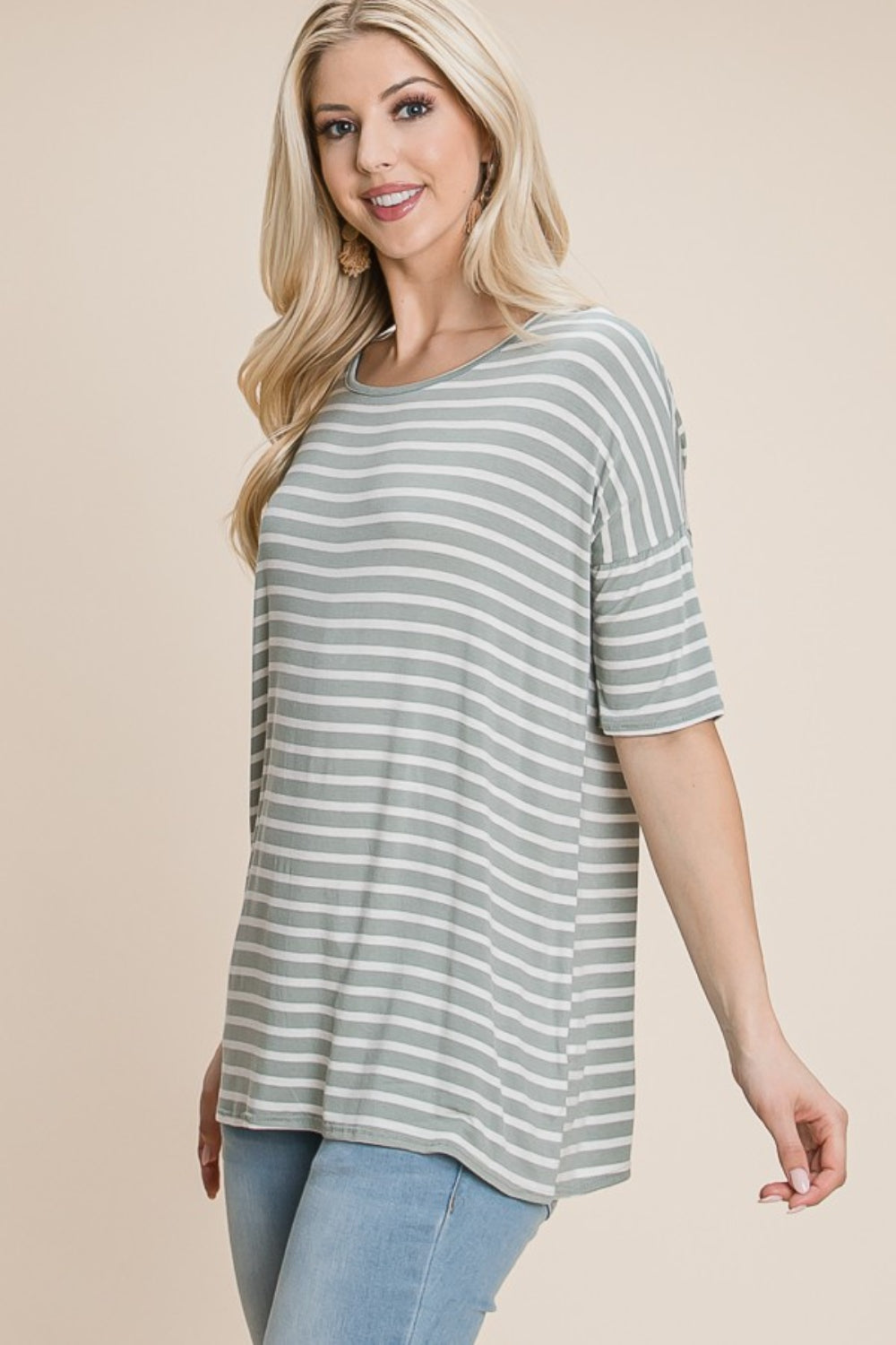 BOMBOM Striped Round Neck T-Shirt   