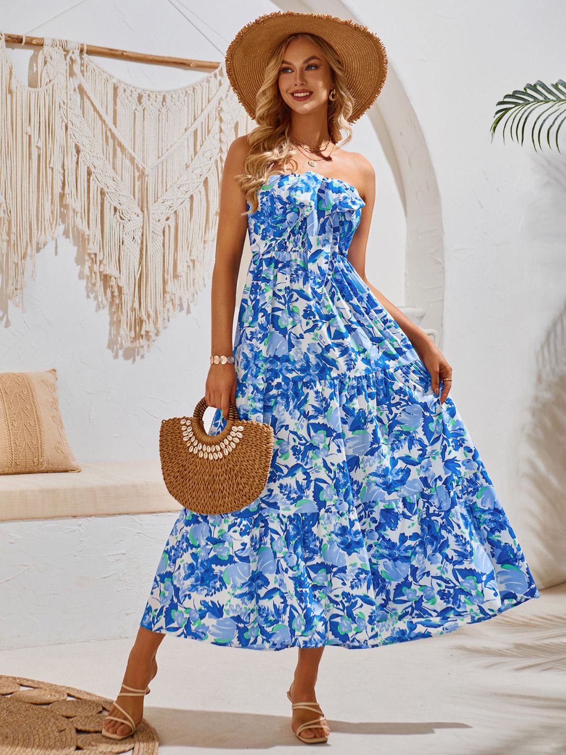 Smocked Printed Sleeveless Midi Dress   