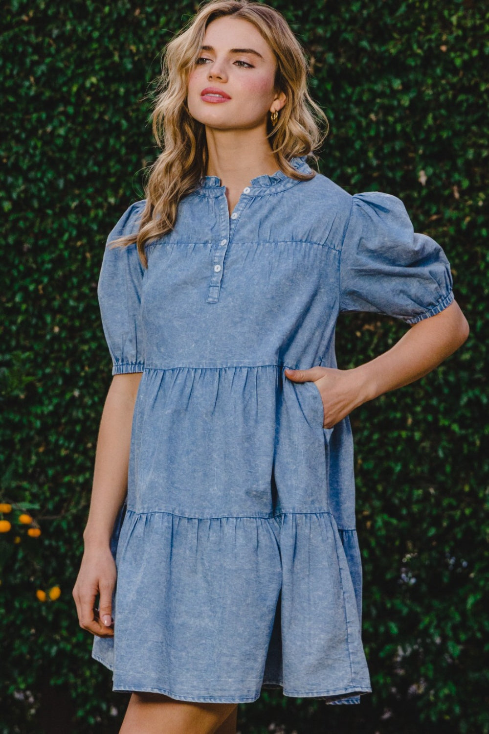 STUNNLY  ODDI Washed Tiered Mini Denim Dress Washed Denim S 