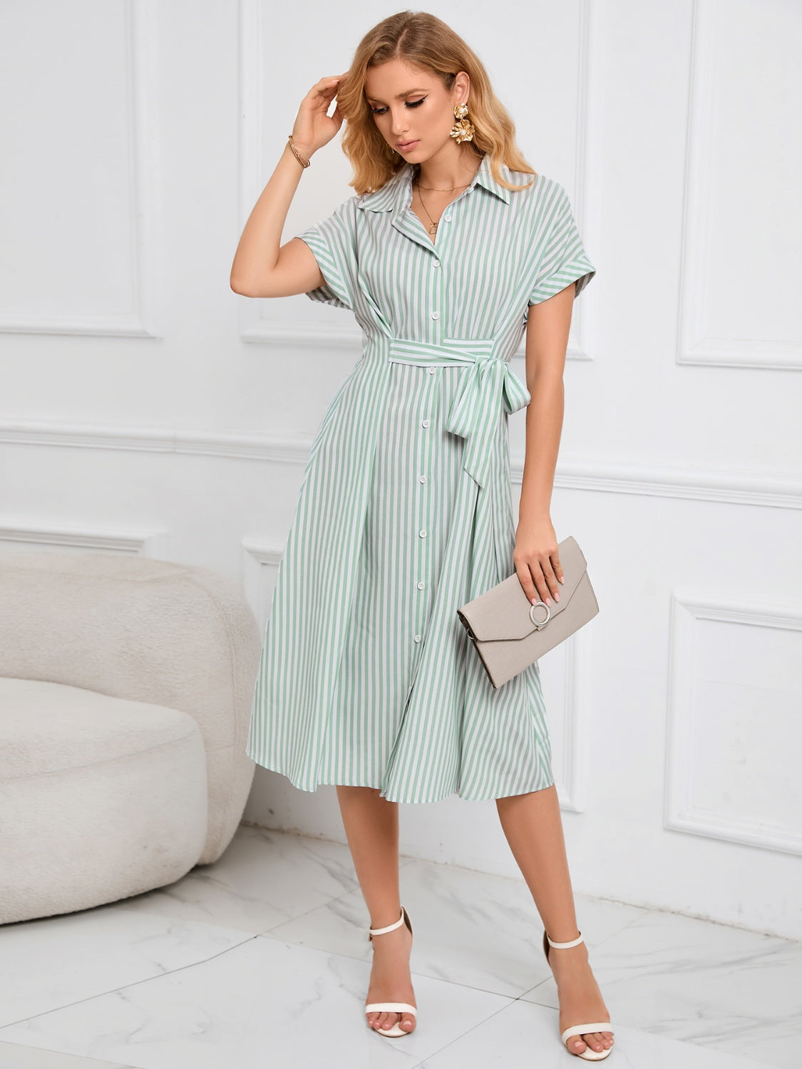 Striped Short Sleeve Tie Waist Midi Dress   