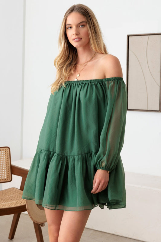 Le Lis Organza Off Shoulder Puff Sleeve Mini Dress Green XS 