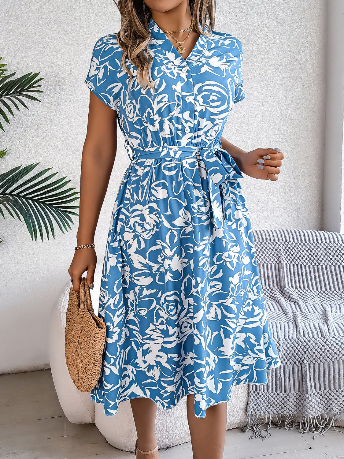 Printed V-Neck Short Sleeve Dress   