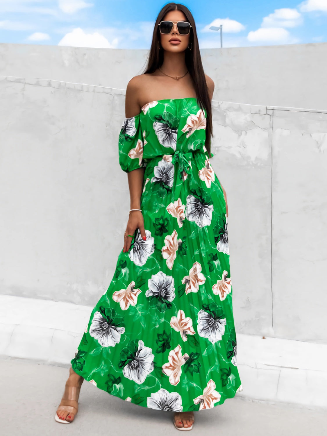 Pleated Floral Off-Shoulder Short Sleeve Midi Dress Green S 