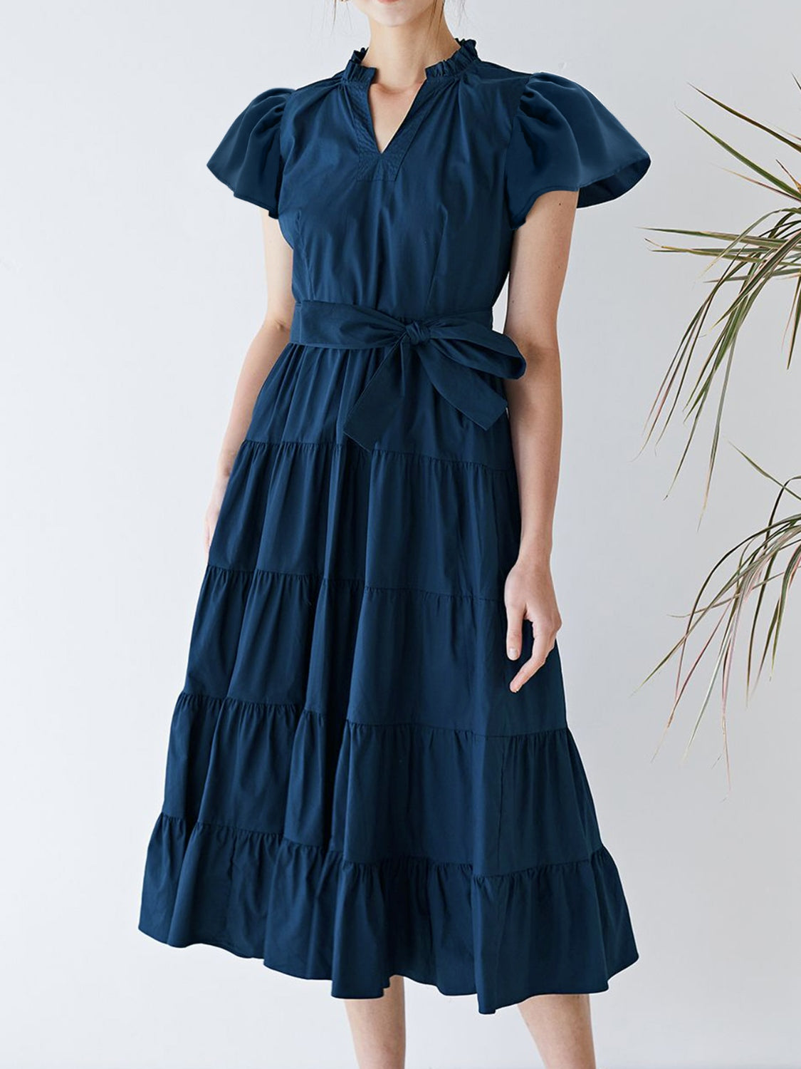 Ruched Tiered Notched Short Sleeve Dress Dark Blue S 