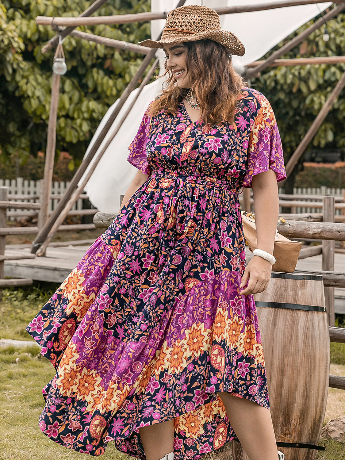 Plus Size Printed V-Neck Flutter Sleeve Midi Dress Vivid Violet 0XL 