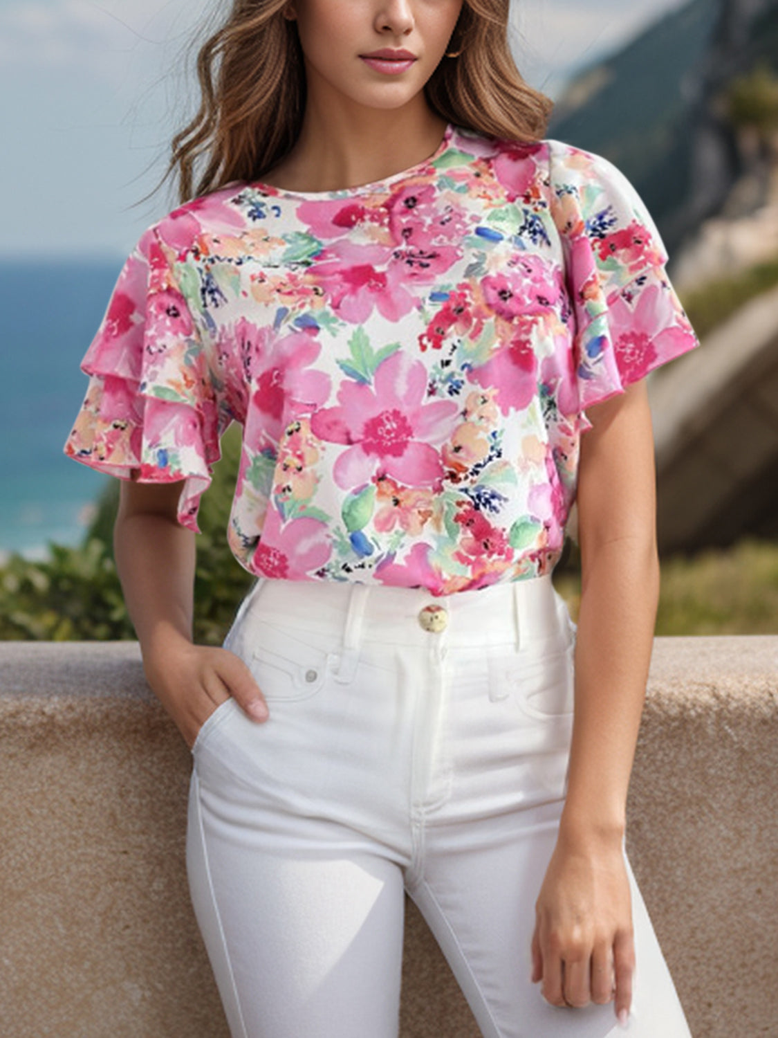 Floral Round Neck Flutter Sleeve Blouse   