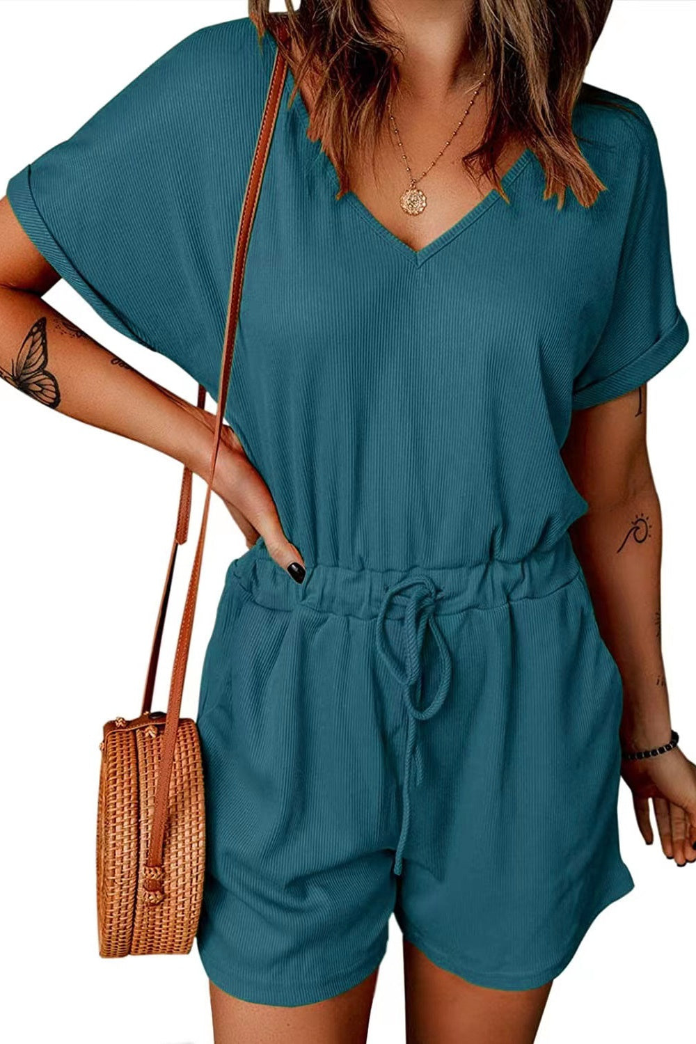 Full Size Drawstring V-Neck Short Sleeve Romper   