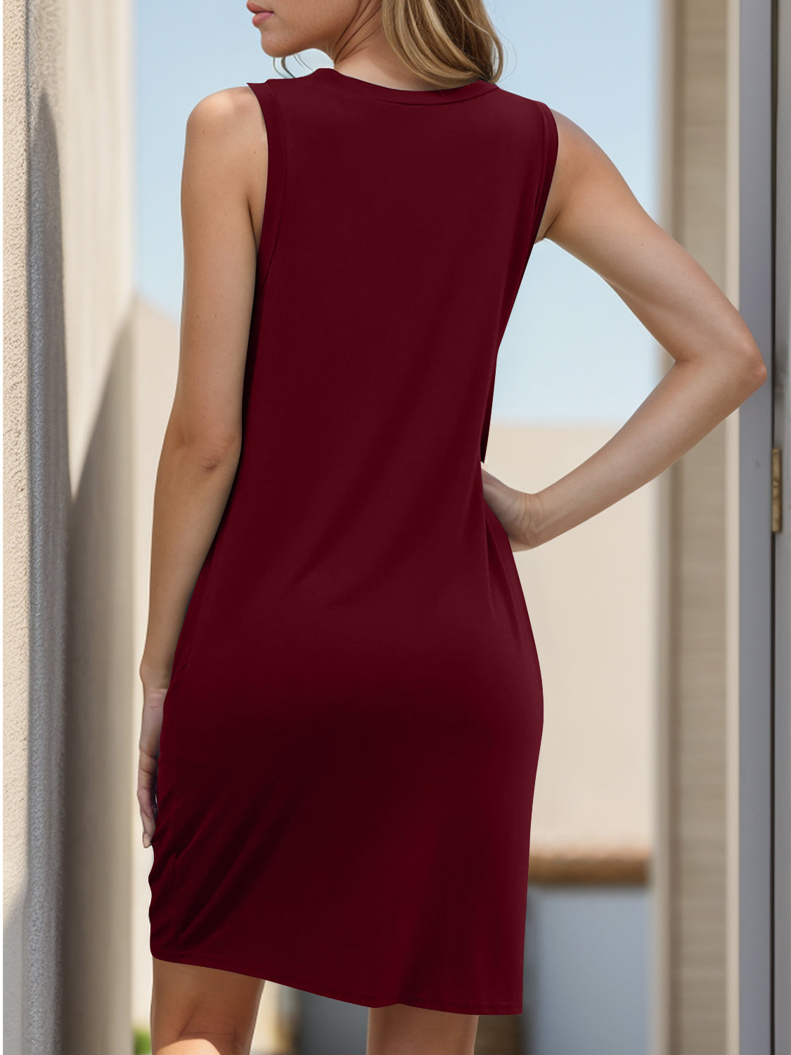 Twisted Round Neck Sleeveless Dress Burgundy S 