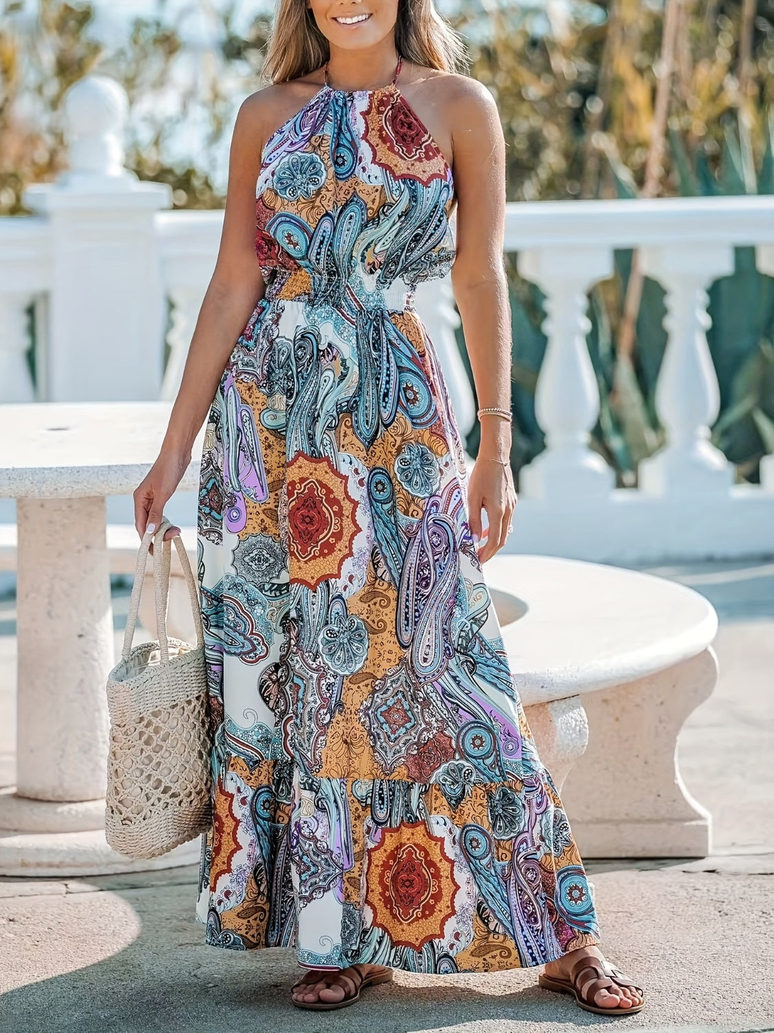 Printed Halter Neck Maxi Dress Pastel  Blue S 