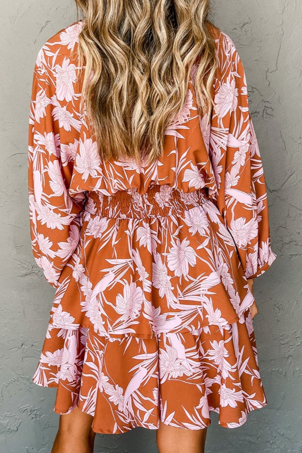 Smocked Printed Long Sleeve Mini Dress   