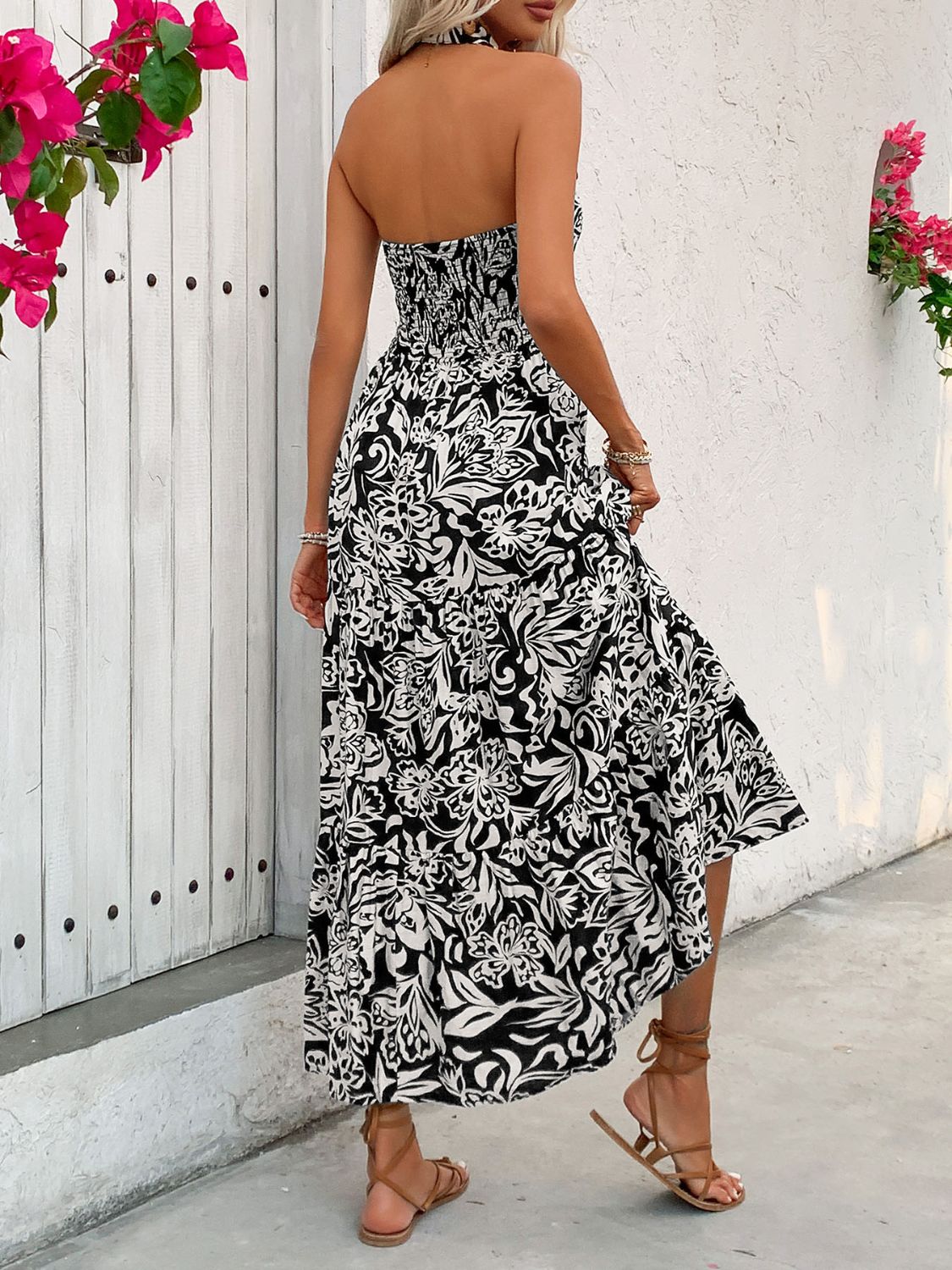 Backless Smocked Printed Sleeveless Midi Dress   