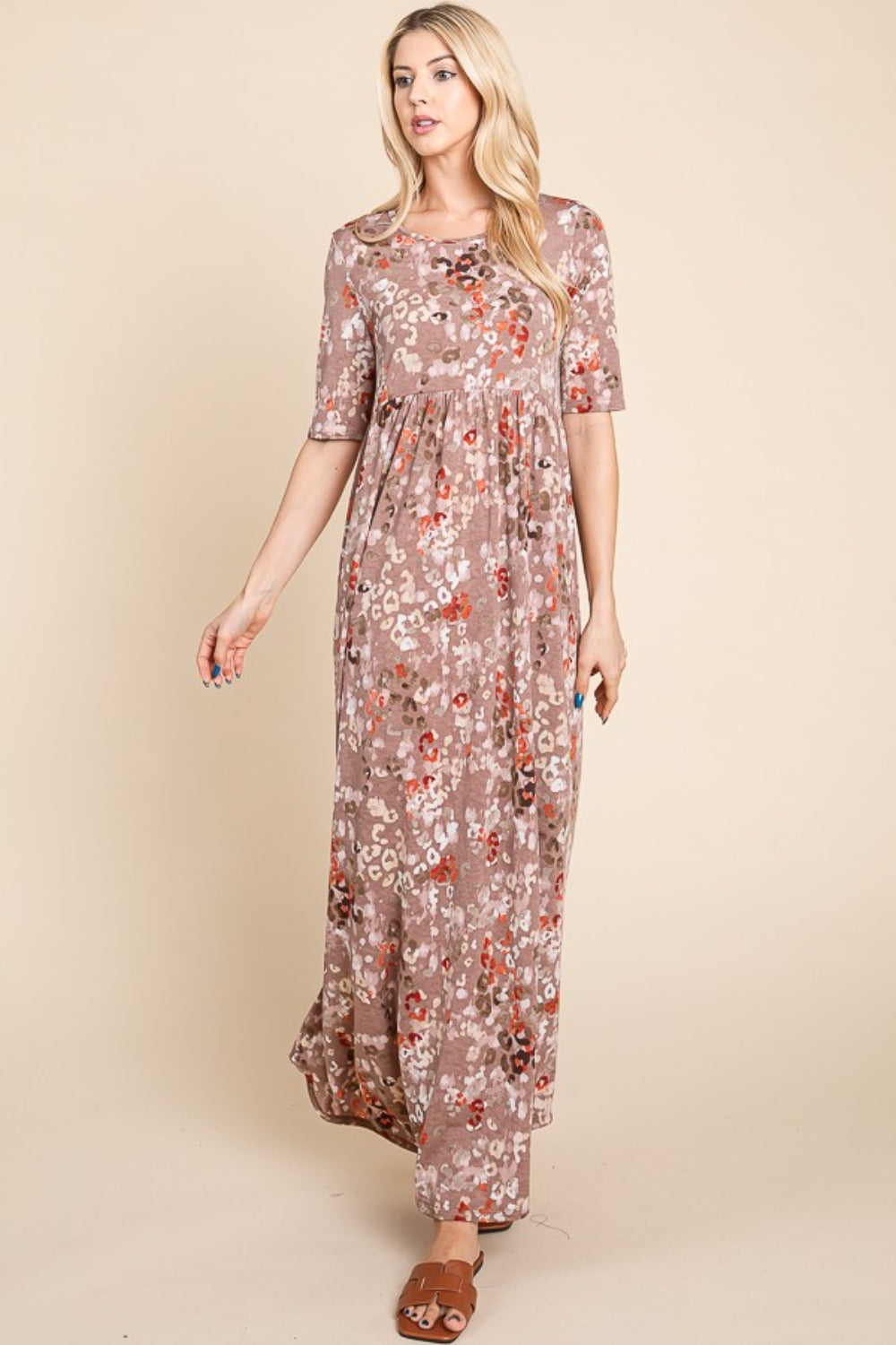 BOMBOM Printed Shirred Maxi Dress Mocha S 