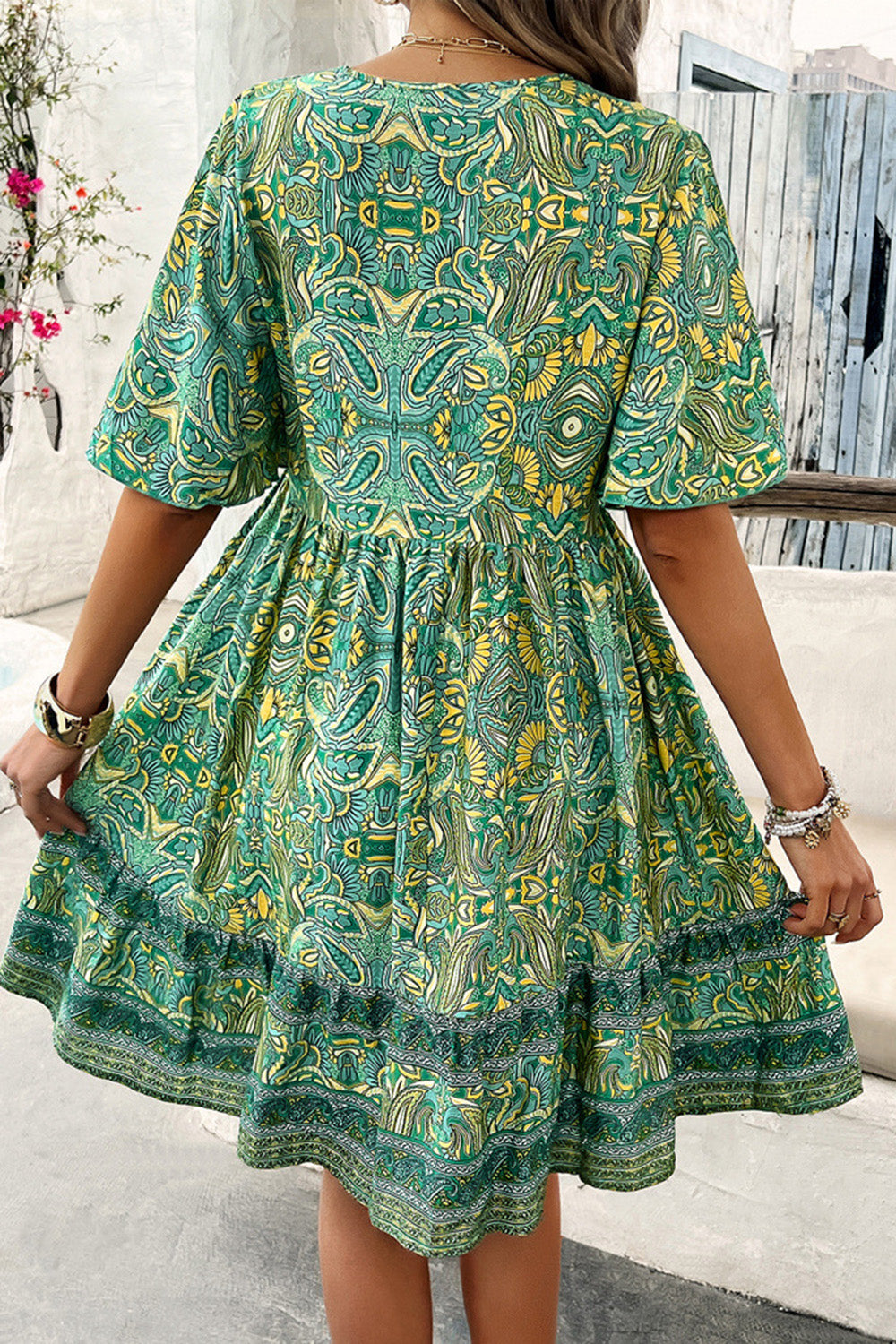 STUNNLY  Printed V-Neck Half Sleeve Mini Dress   