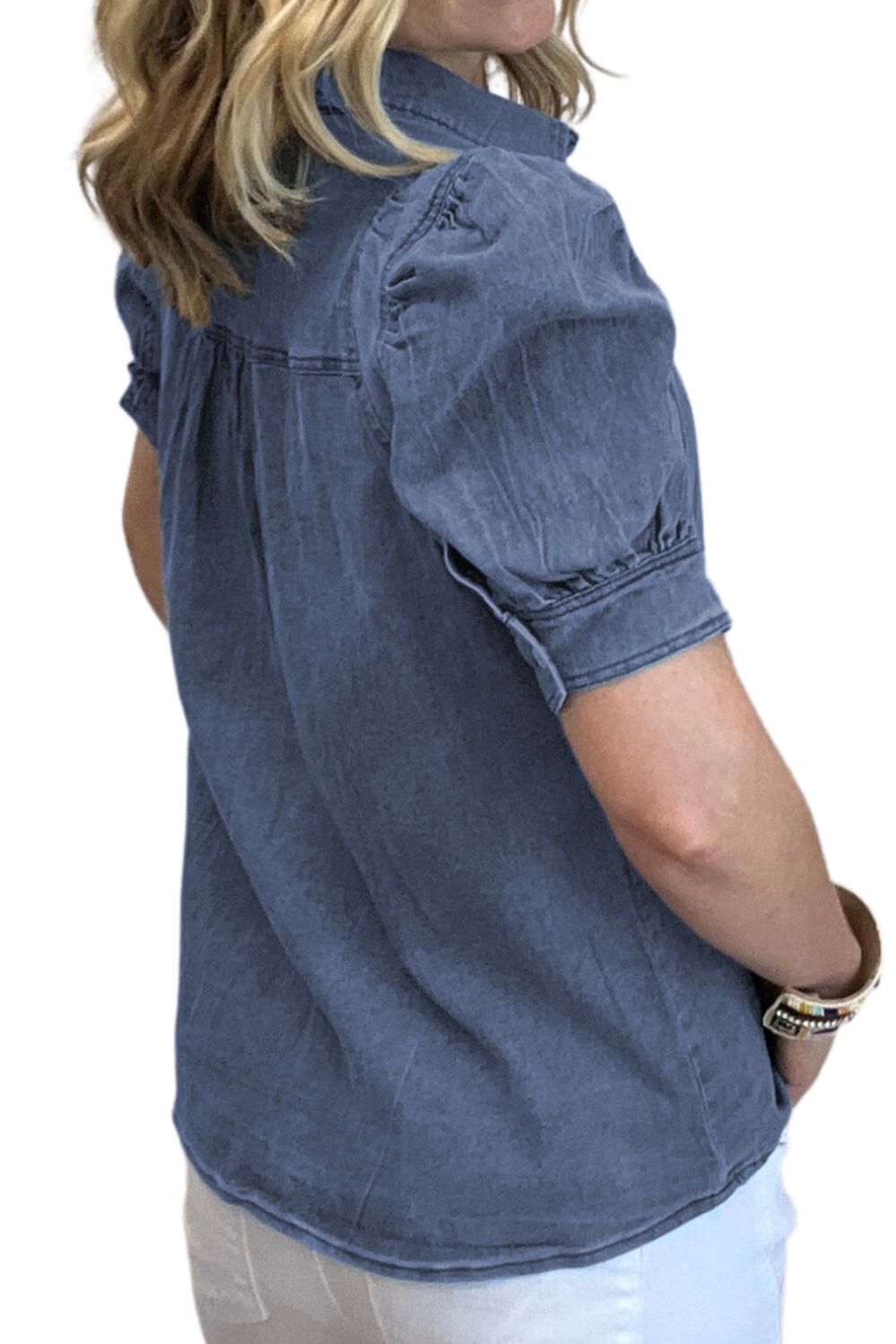 STUNNLY  Button Up Puff Sleeve Denim Top   