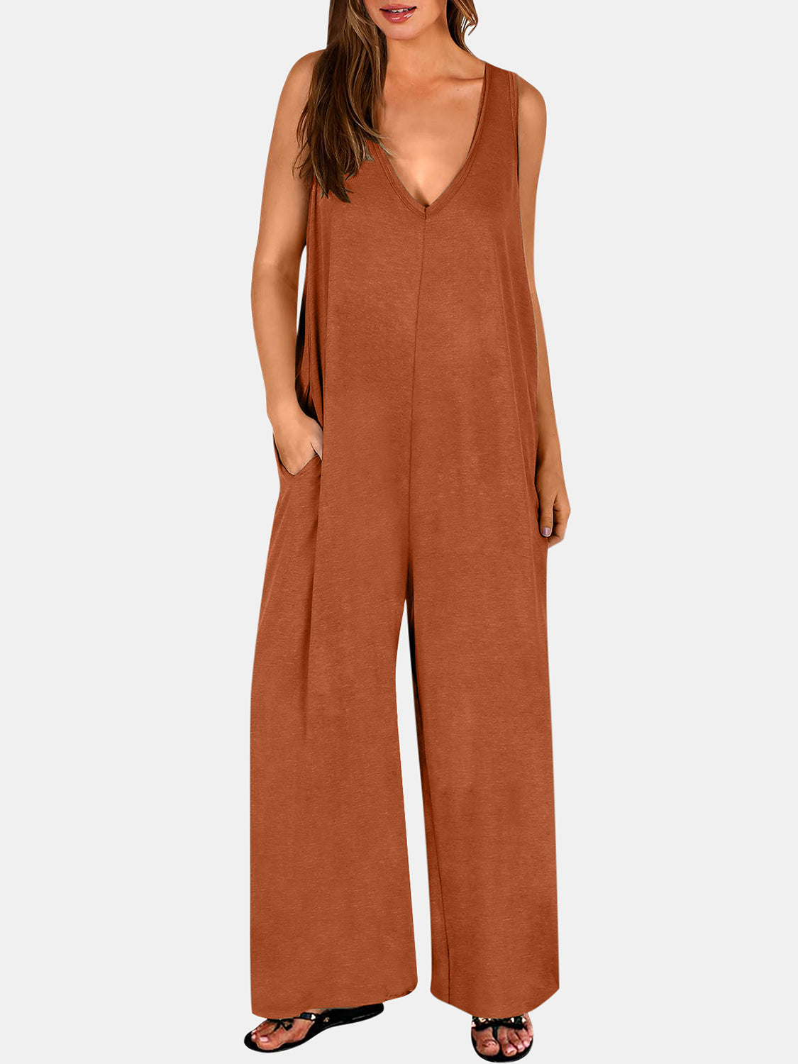 STUNNLY  Full Size V-Neck Wide Strap Jumpsuit Ochre S 