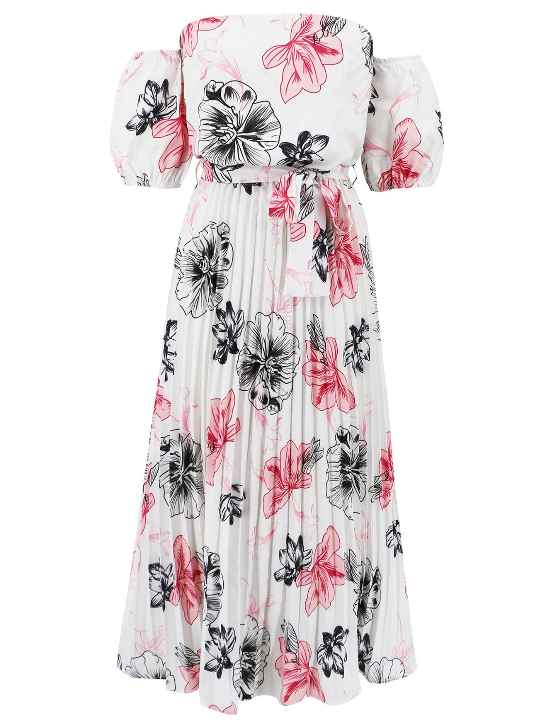 Pleated Floral Off-Shoulder Short Sleeve Midi Dress White S 