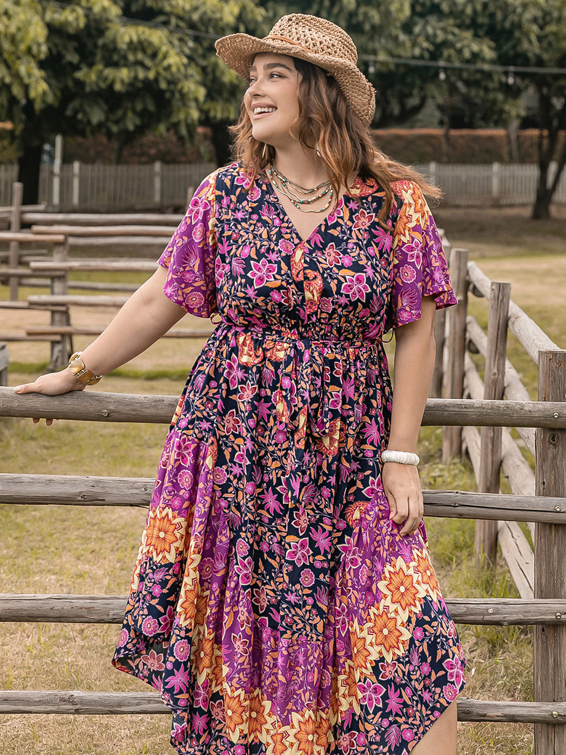 Plus Size Printed V-Neck Flutter Sleeve Midi Dress   