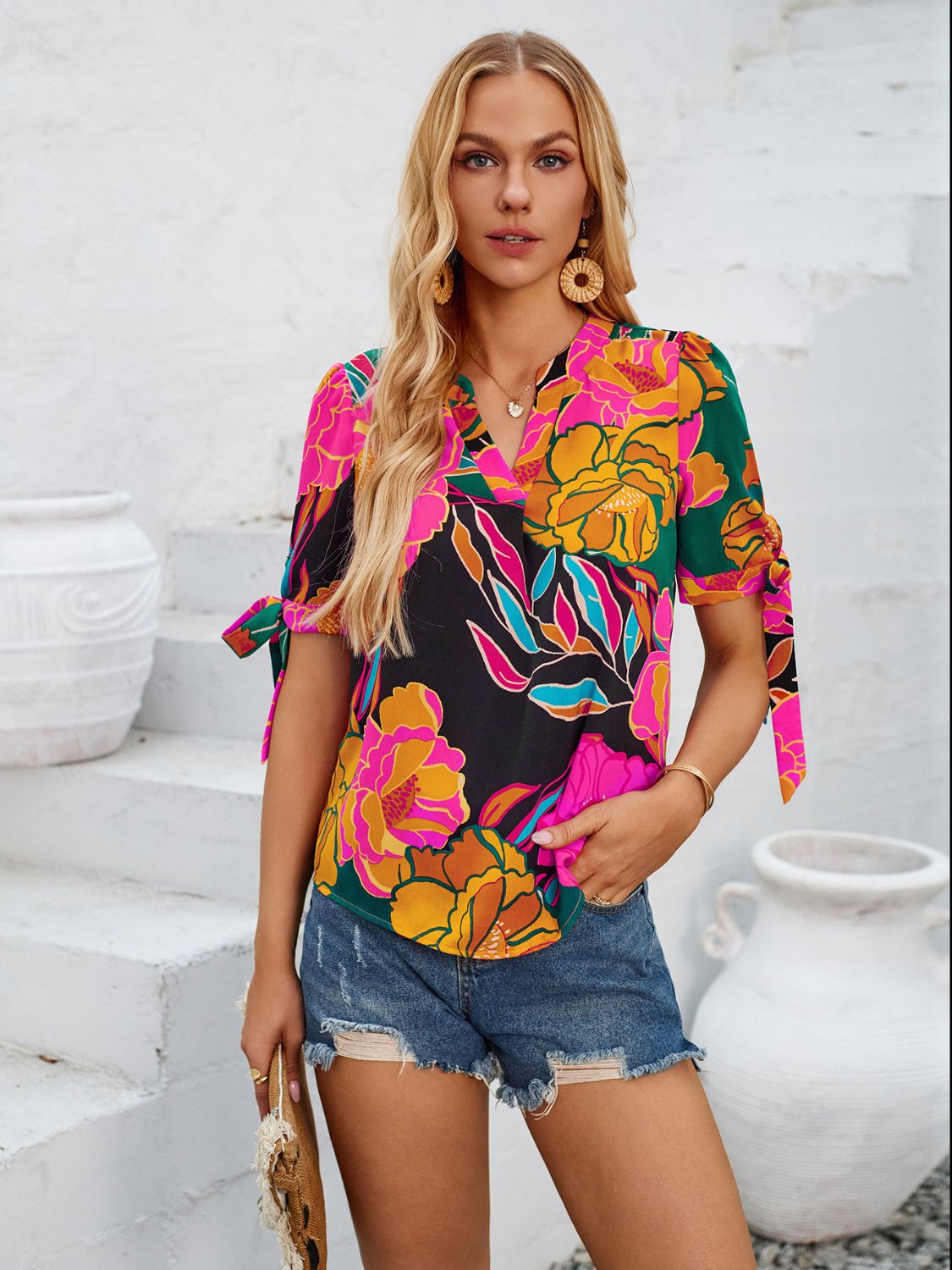 Tied Printed Notched Short Sleeve Blouse   