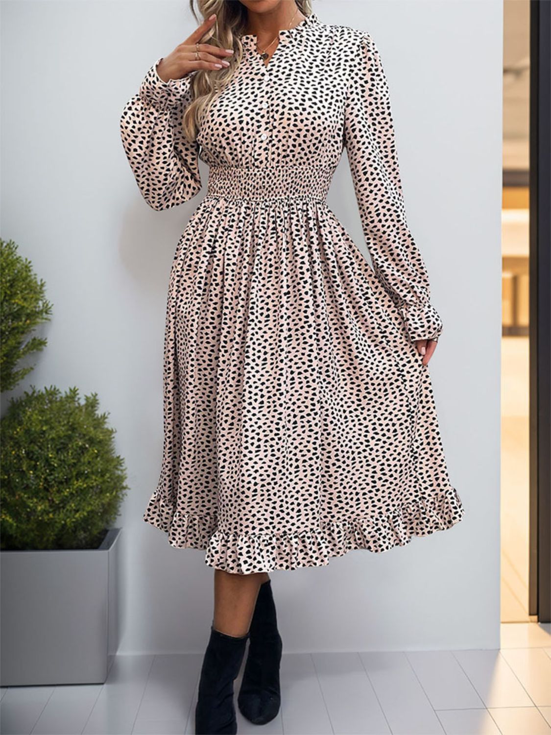 Ruched Ruffled Leopard Long Sleeve Dress   