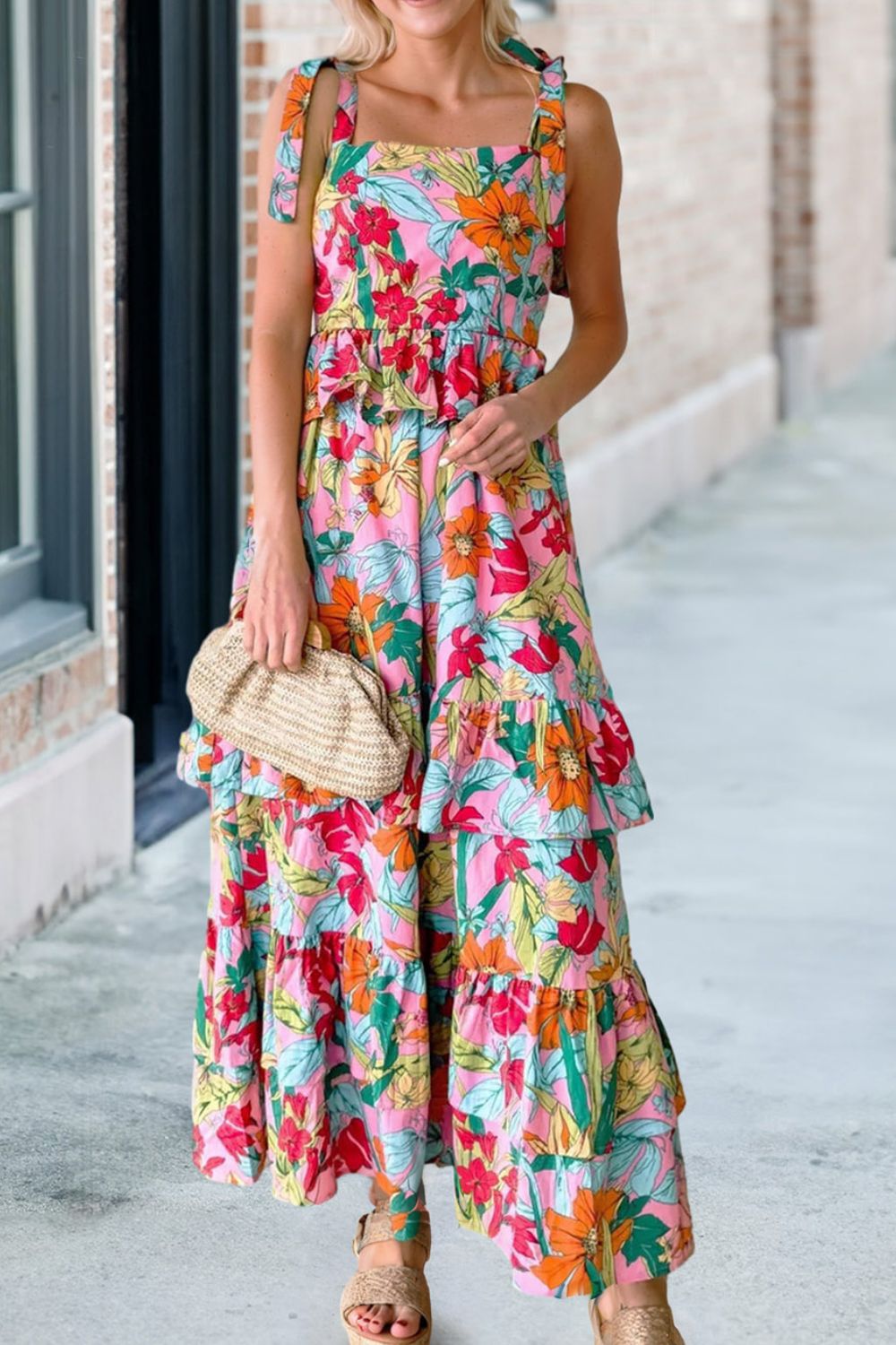 Ruffled Printed Square Neck Cami Dress Floral M 