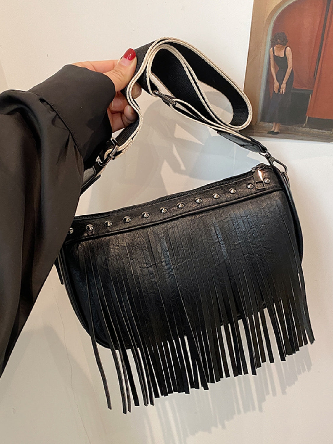 PU Leather Fringe Studded Crossbody Bag   