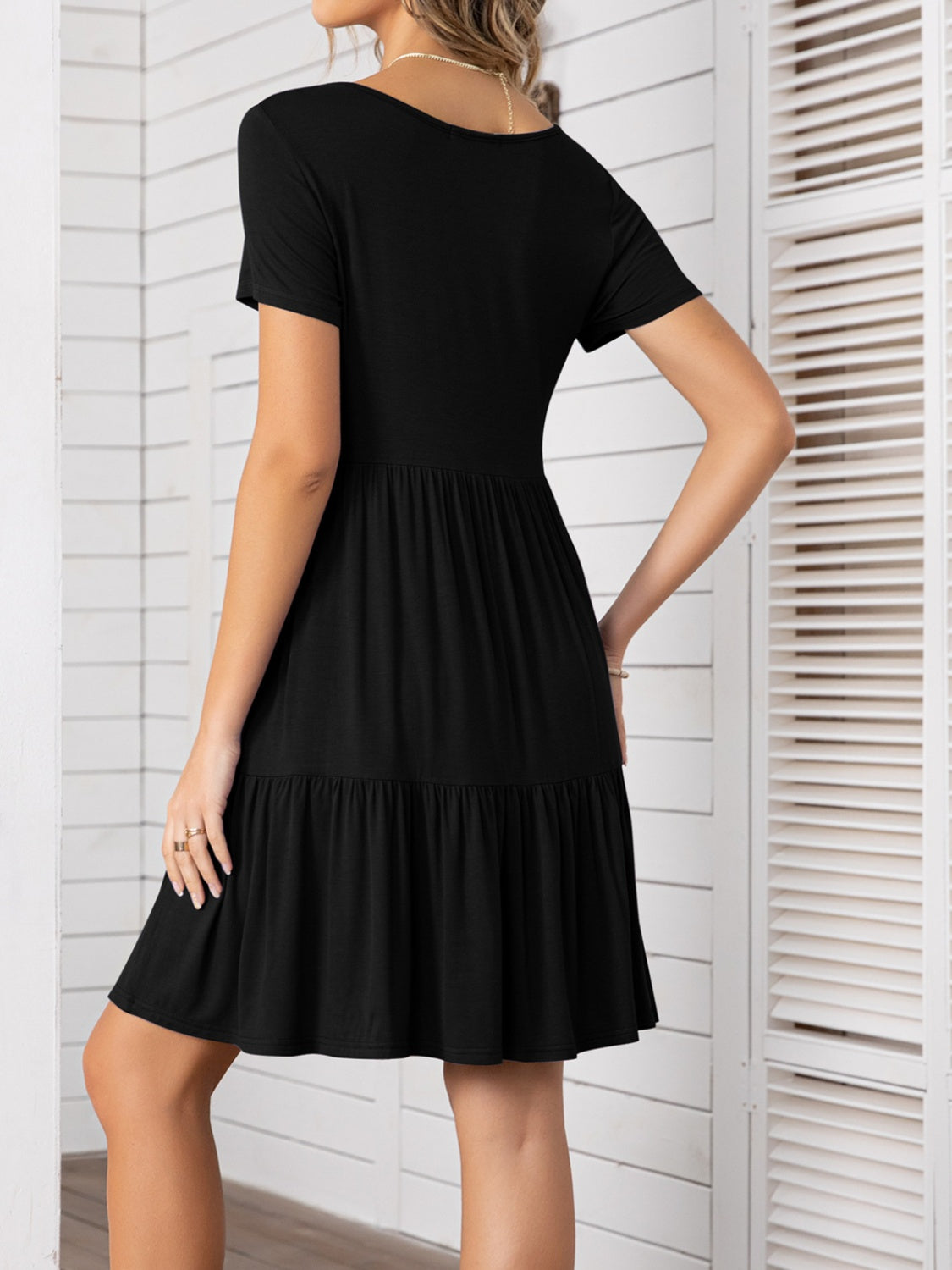 Round Neck Short Sleeve Mini Tee Dress Black S 