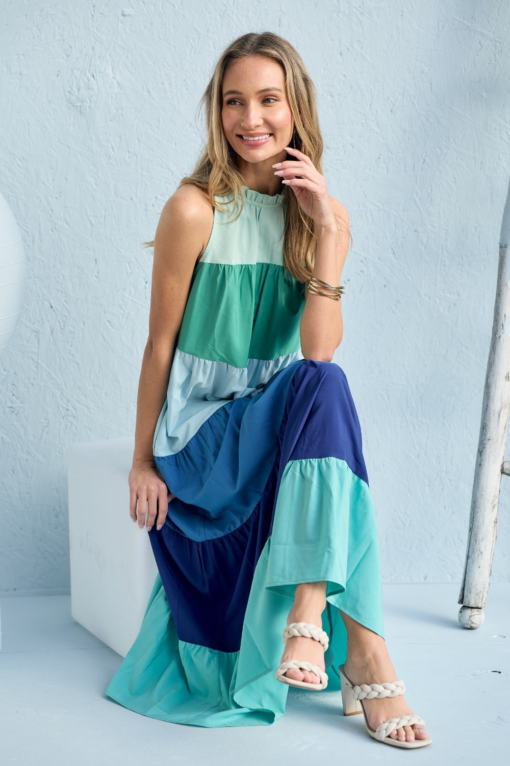 Hailey & Co Color Block Sleeveless Tiered Maxi Dress   