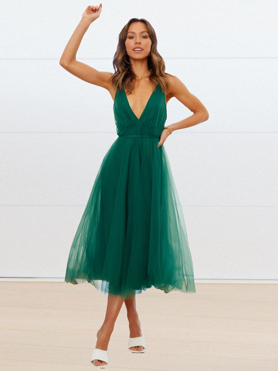 Backless Crisscross Sleeveless Midi Dress Dark Green S 