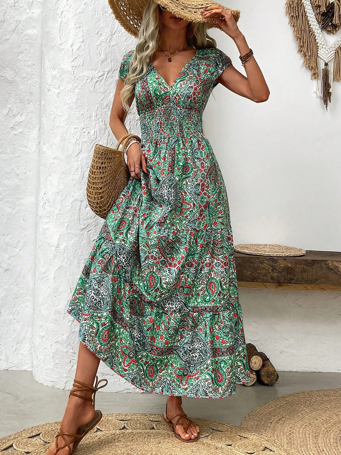 Smocked Printed Cap Sleeve Midi Dress   