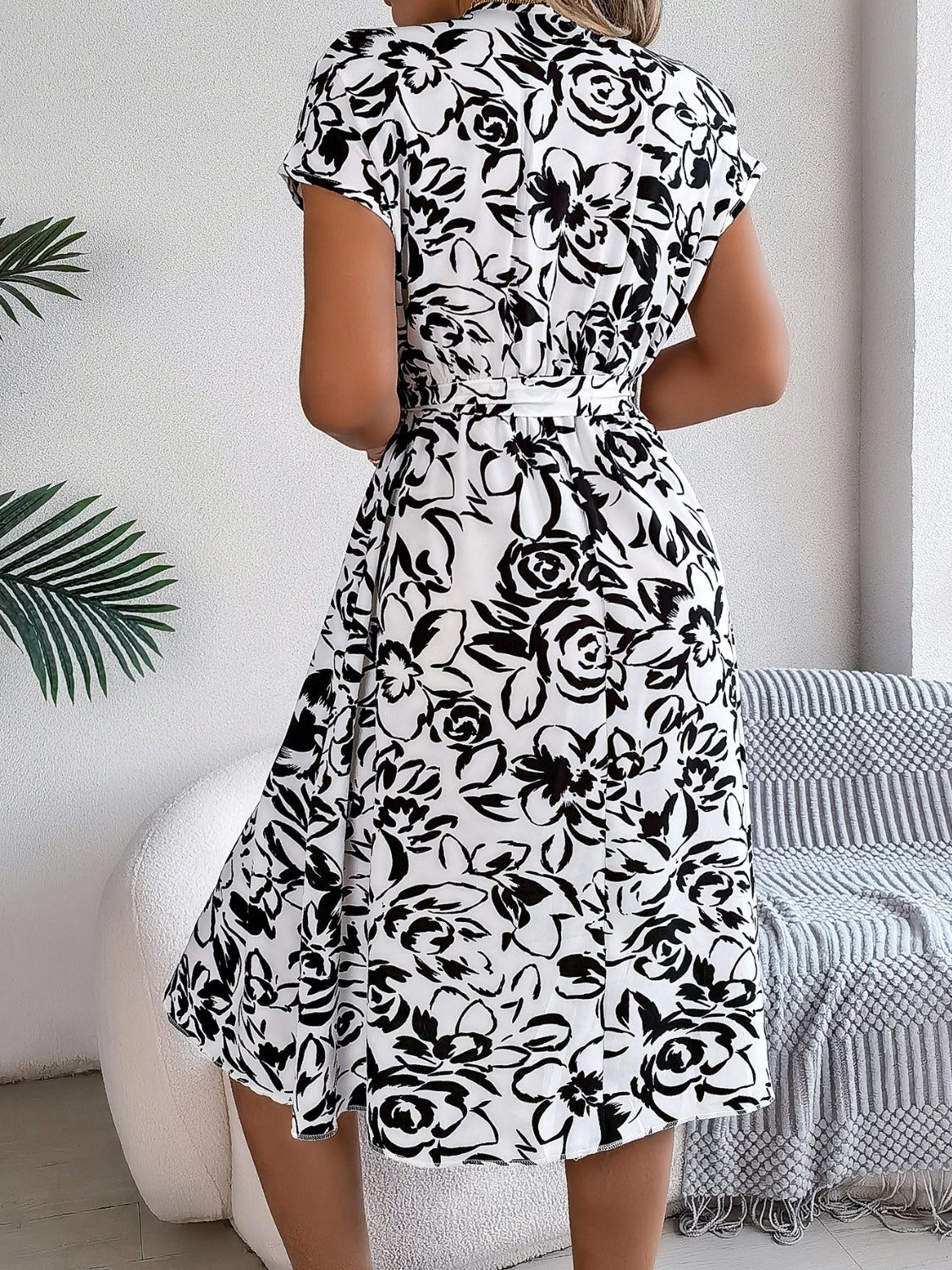 Printed V-Neck Short Sleeve Dress   