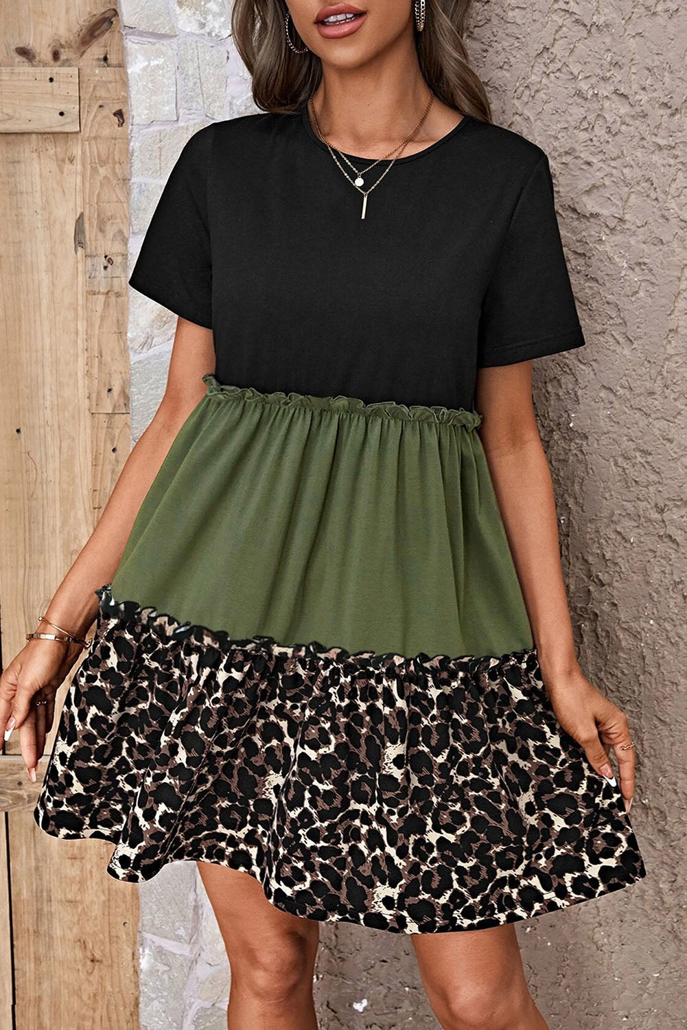 STUNNLY  Leopard Round Neck Short Sleeve Dress   