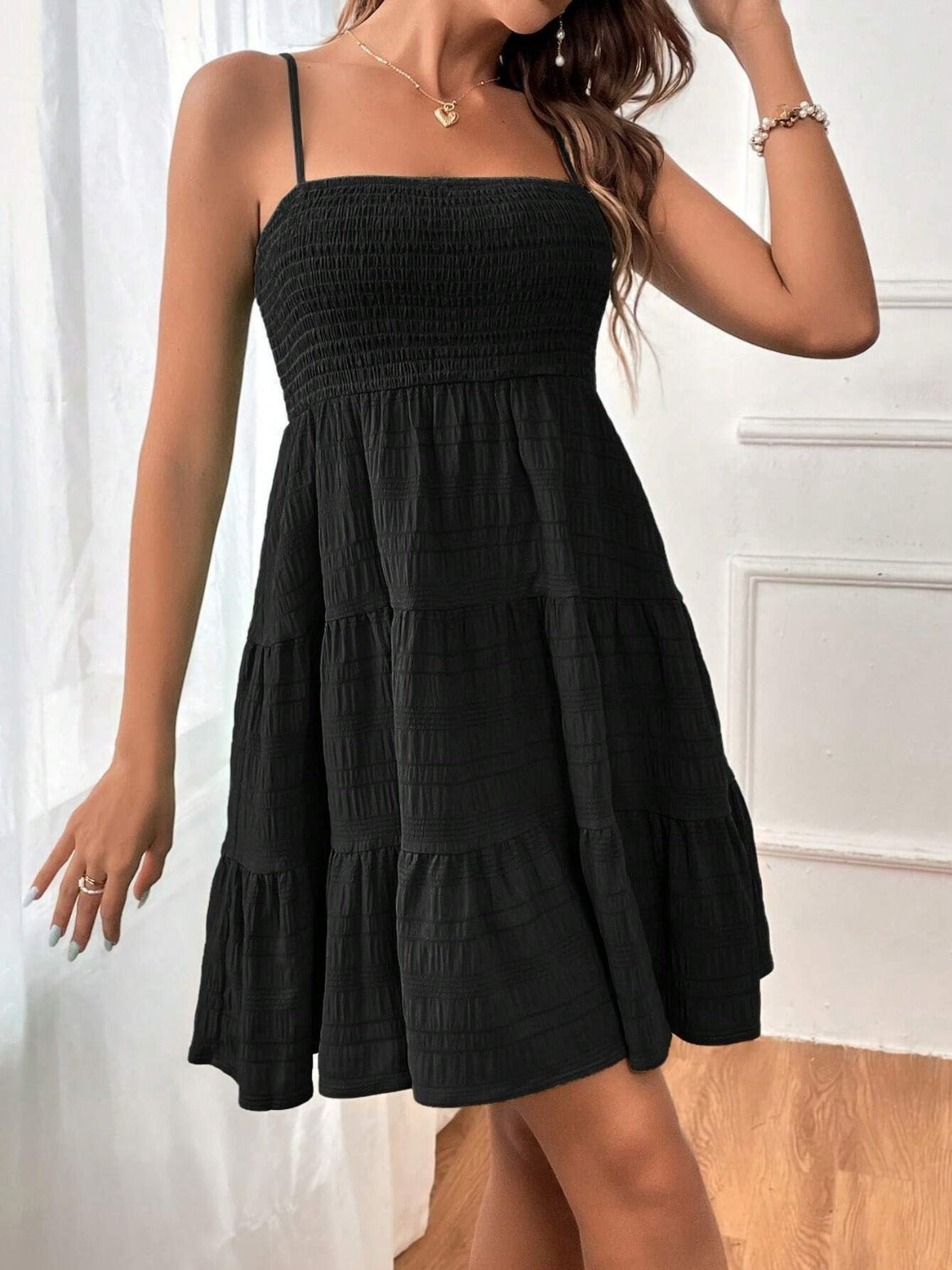 Tiered Smocked Square Neck Cami Dress Black S 