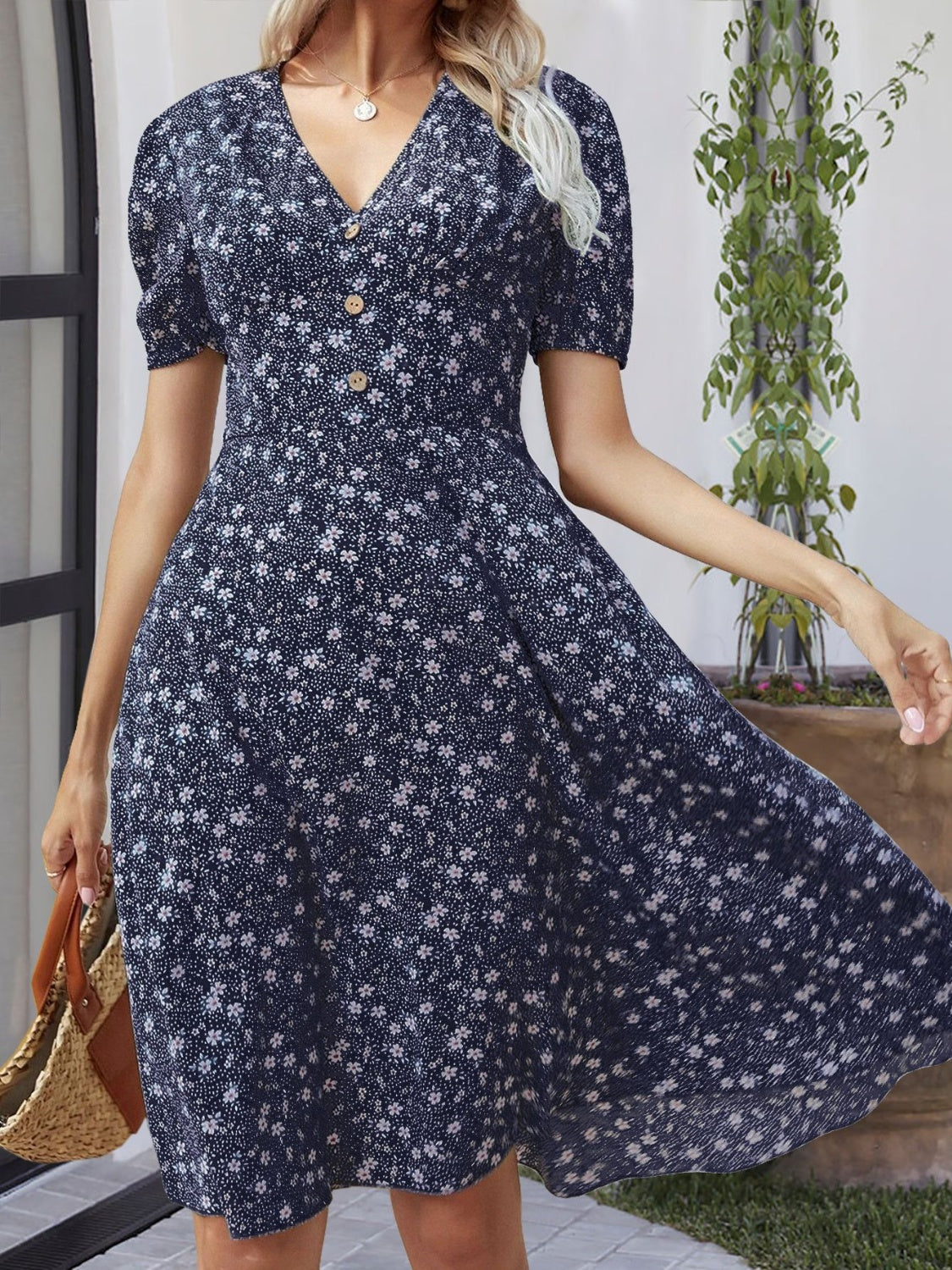 Printed V-Neck Short Sleeve Dress   