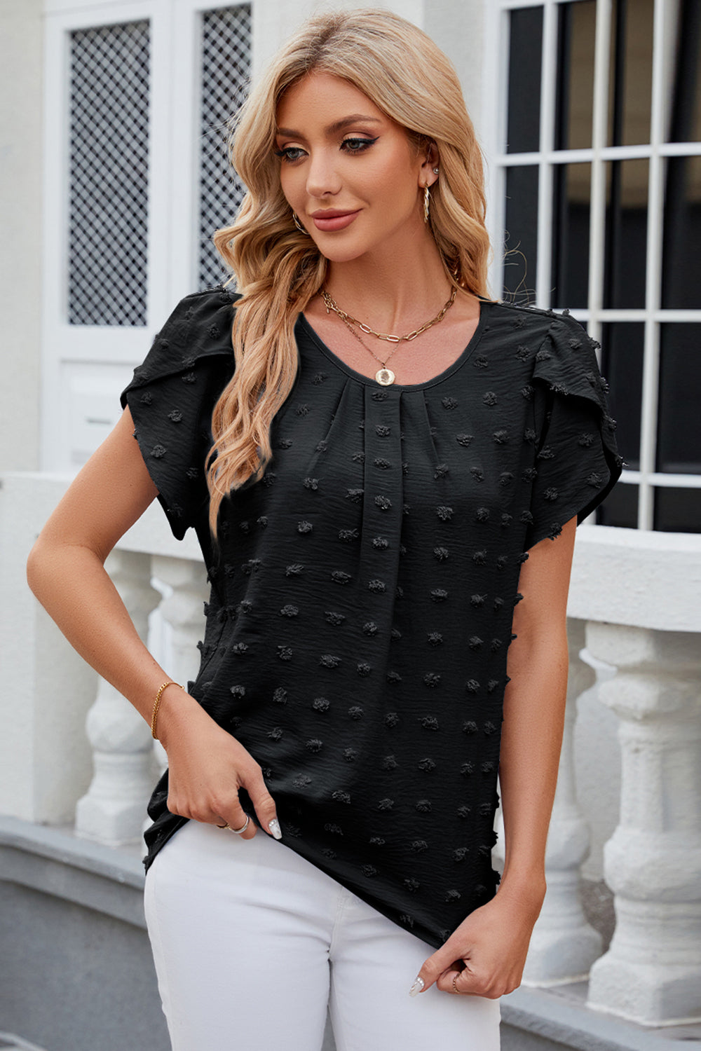 STUNNLY  Swiss Dot Round Neck Petal Sleeve Blouse Black S 