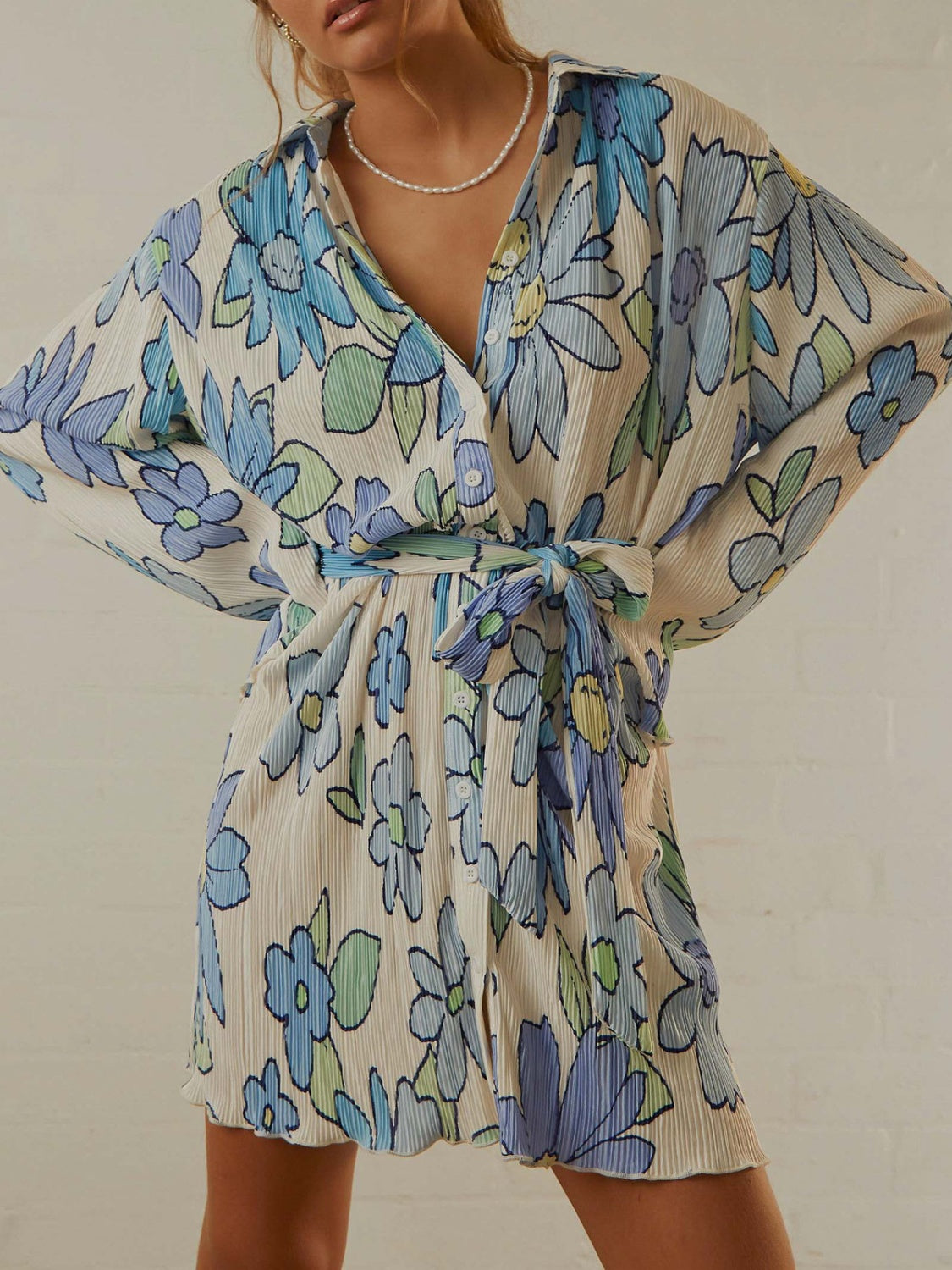 Tied Button Up Long Sleeve Dress Light Blue S 