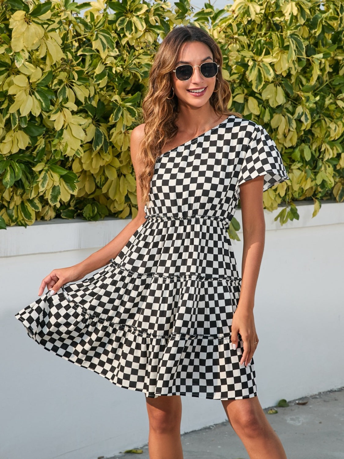 Checkered Single Shoulder Mini Dress   