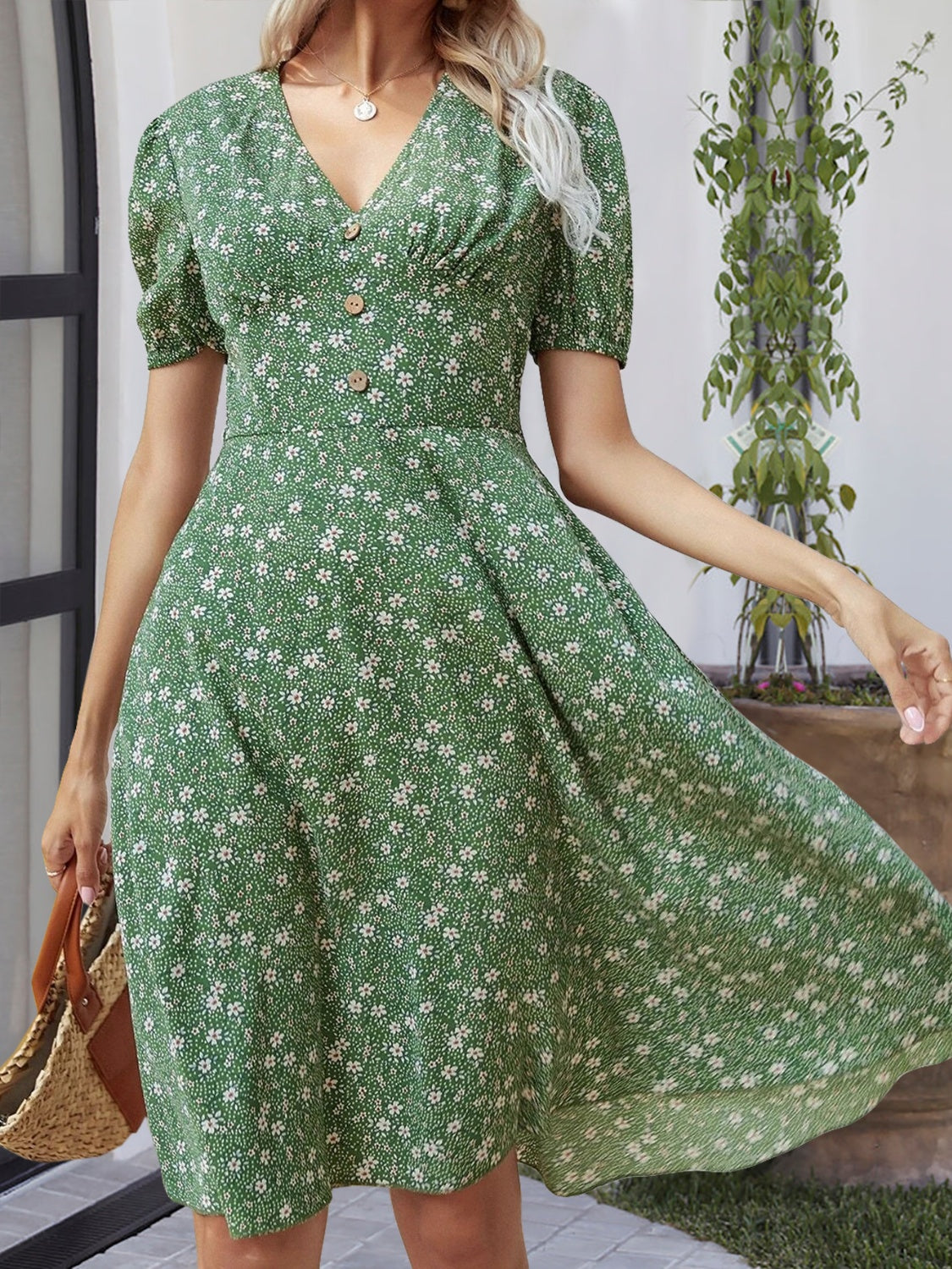 Printed V-Neck Short Sleeve Dress Green S 