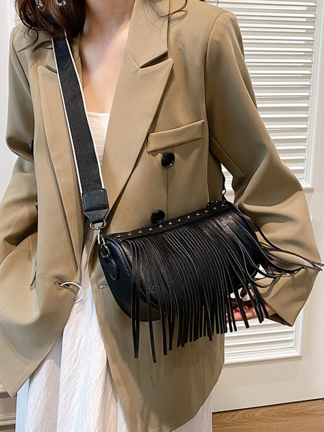 PU Leather Fringe Studded Crossbody Bag   