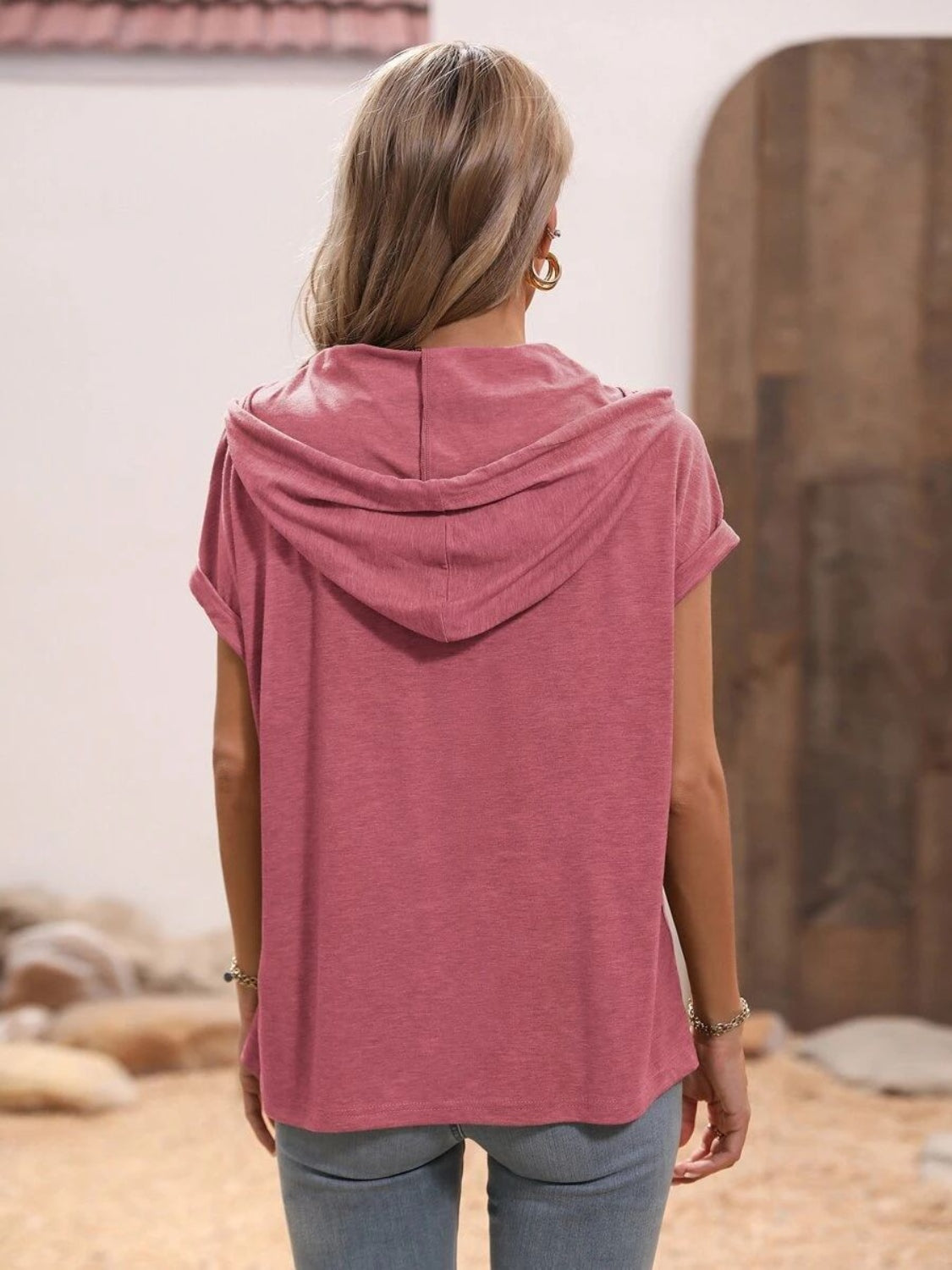 Half Button Hooded Short Sleeve Blouse   