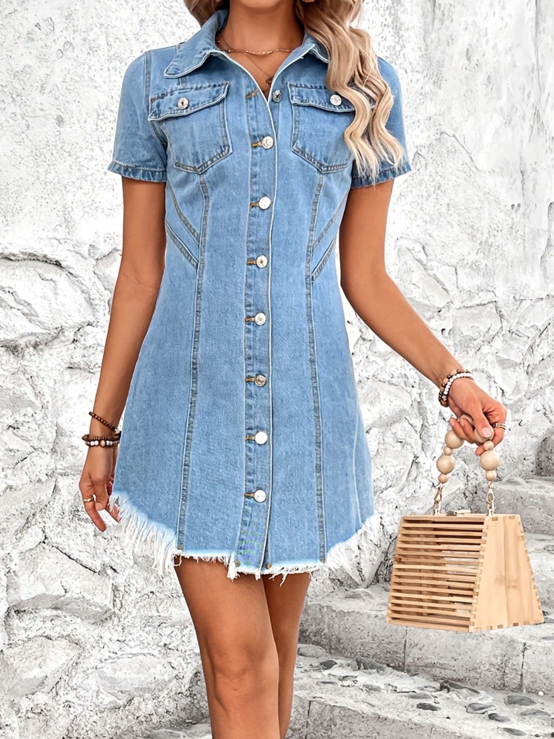 Raw Hem Button Up Short Sleeve Denim Dress   