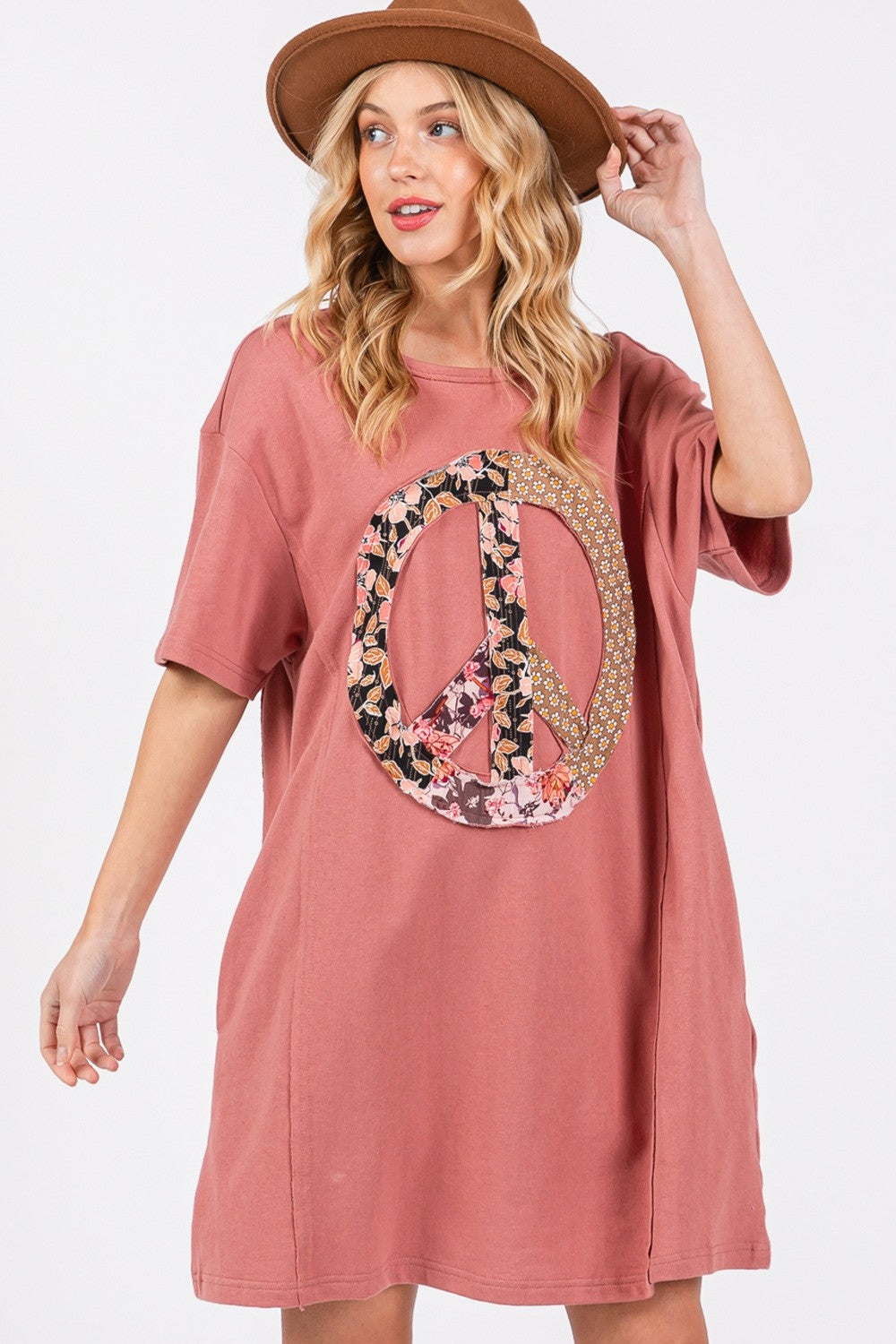 SAGE + FIG Full Size Peace Sign Applique Short Sleeve Tee Dress   