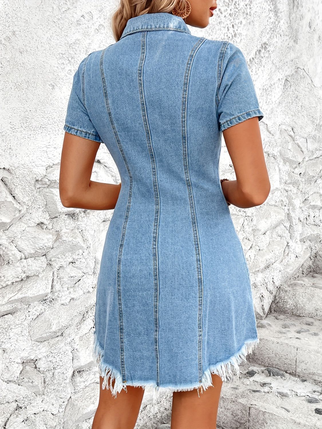 Raw Hem Button Up Short Sleeve Denim Dress   