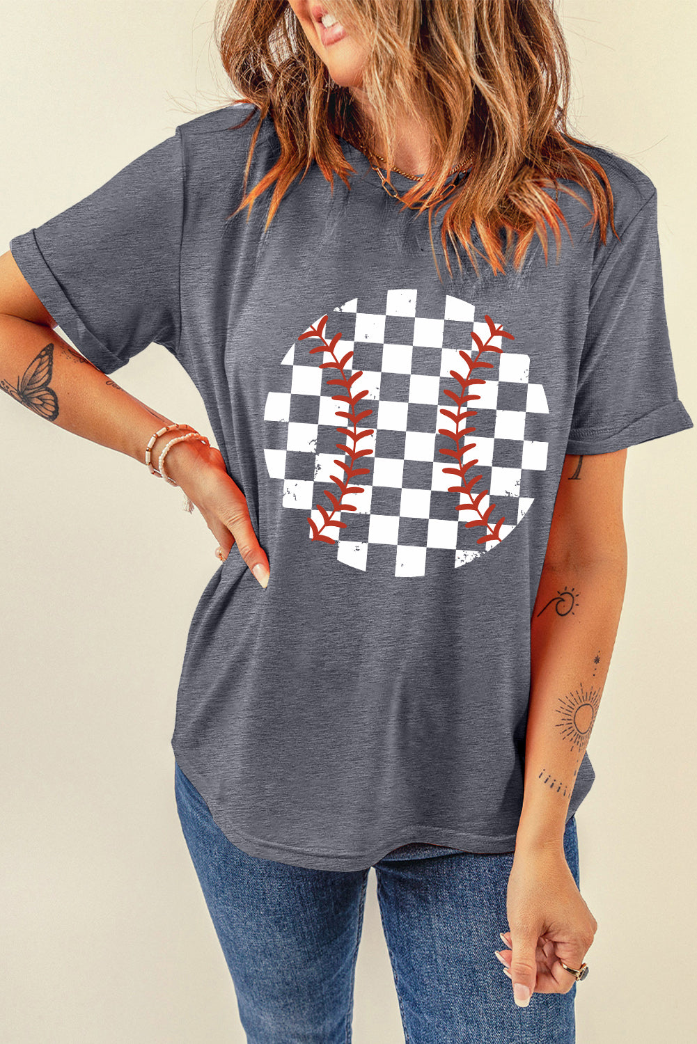 Checkered Graphic Round Neck Short Sleeve T-Shirt   