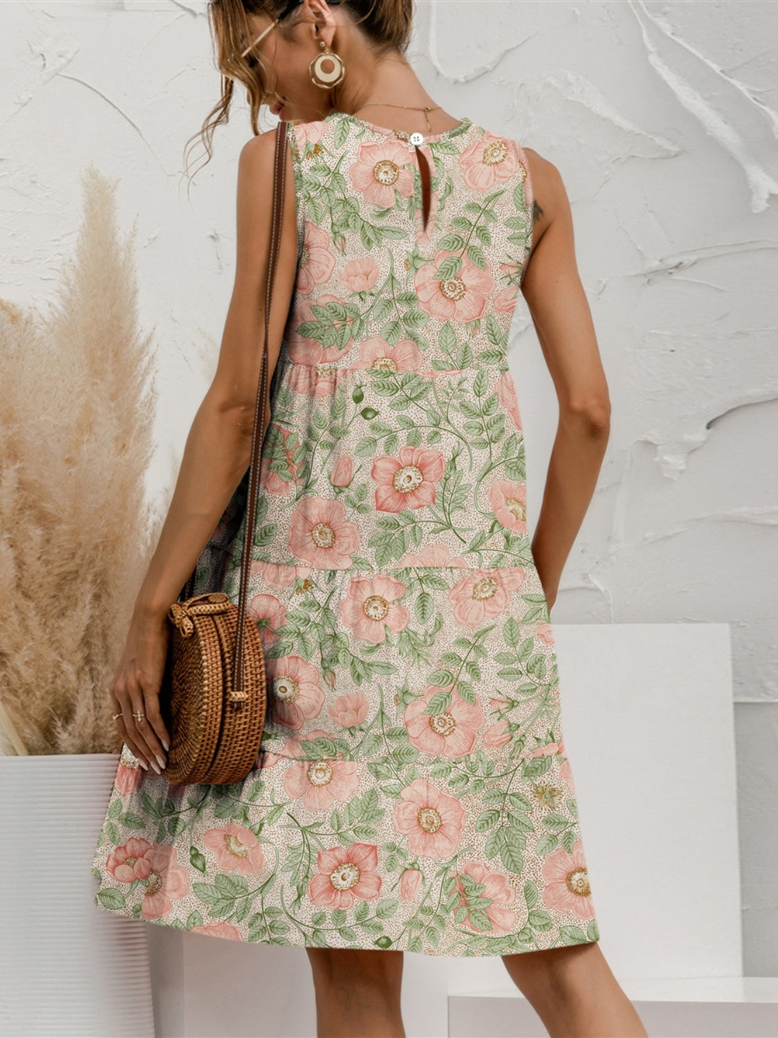 STUNNLY  Tiered Printed Round Neck Sleeveless Dress   